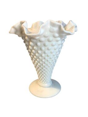 Ruffled Hobnail White Milk Glass Trumpet Vintage Vase 8" Elegant Decorative Acce